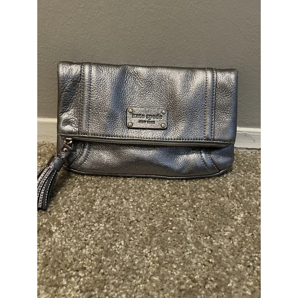 Kate Spade New York Metallic  Leather Pewter Bag Shoulder Chain Strap/clutch Y2k